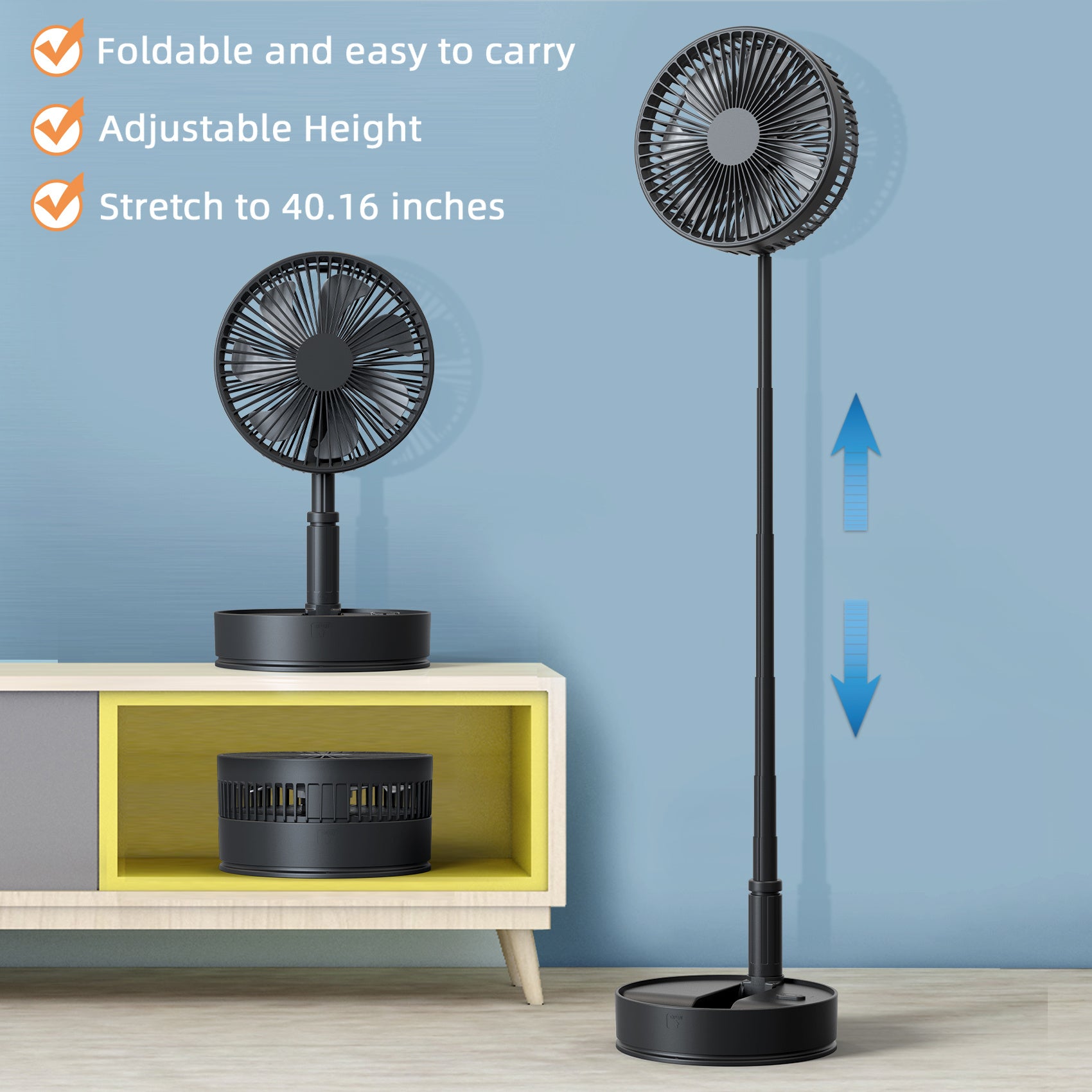 8-Inch Foldaway Oscillating Fan with Remote Control; 7200mAh Rechargeable Battery Operated