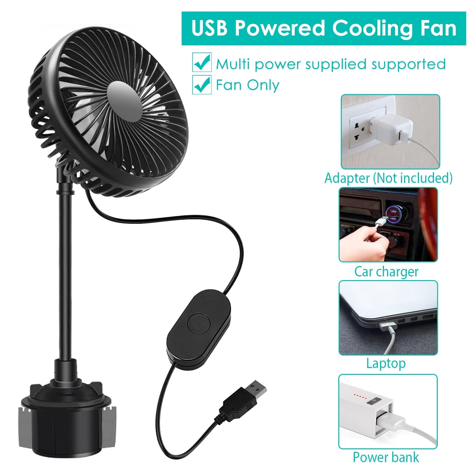 Car Cooling Fan Portable Car Cup Holder Fan Adjustable Gooseneck Fan with 3 Speeds for Car Van Truck SUV RV