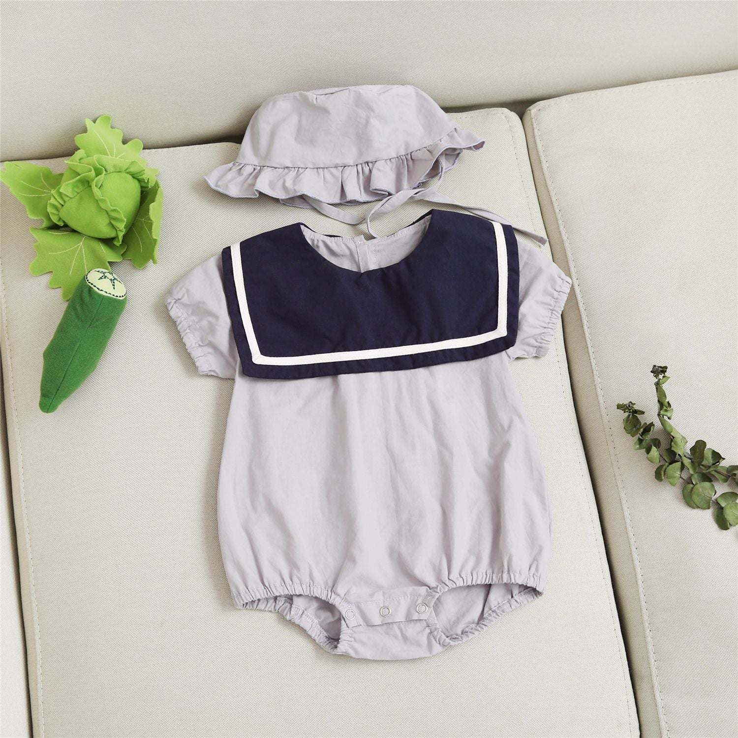 Baby 1pcs Puff Sleeves Contrast Tape Lapel College Style Onesies