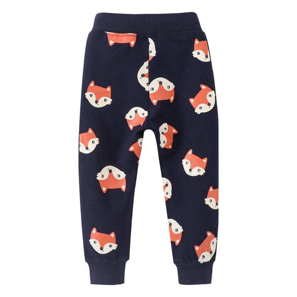 Baby Boy Fox Print Pattern Cotton Terry Trousers In Autumn