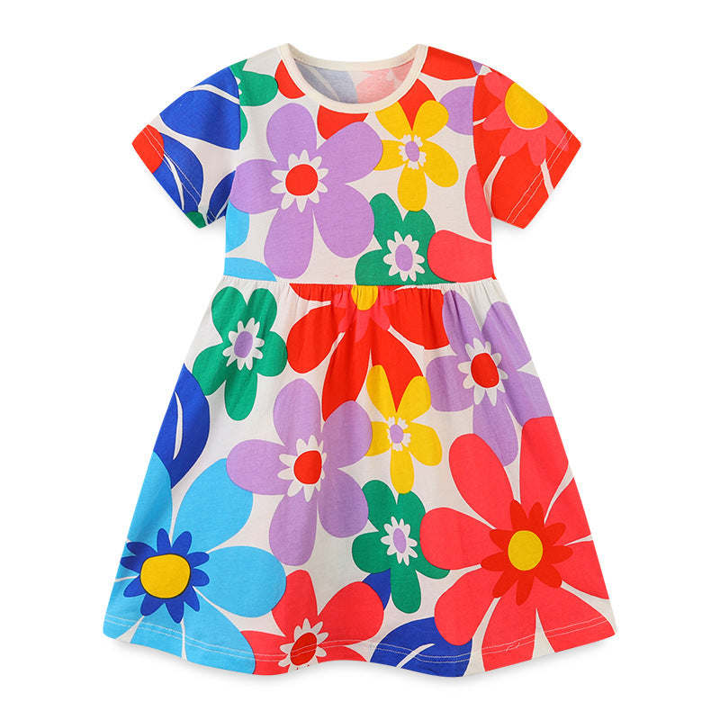 Baby Girl All Over Floral Pattern Crewneck Short Sleeve Dress