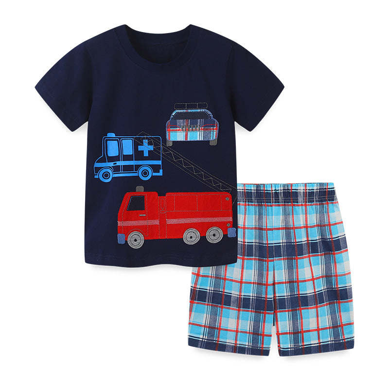 Baby Boy Cartoon Graphic Combo Plaid Print Shorts Western Style Sets
