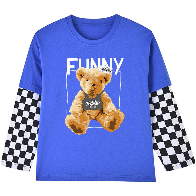 Baby Boy Bear Graphic Checkerboard Sleeve Patchwork Design Shirt