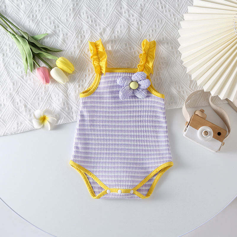 Baby Girl Striped Pattern Floral Patched Design Sling Onesies