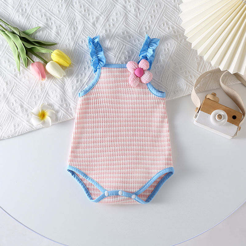 Baby Girl Striped Pattern Floral Patched Design Sling Onesies