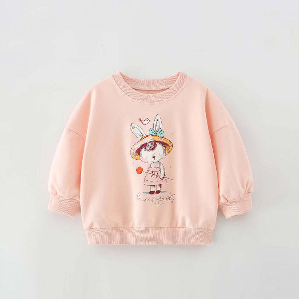 Baby Girl Cartoon Print Pattern Loose Pullover Round Neck Hoodies