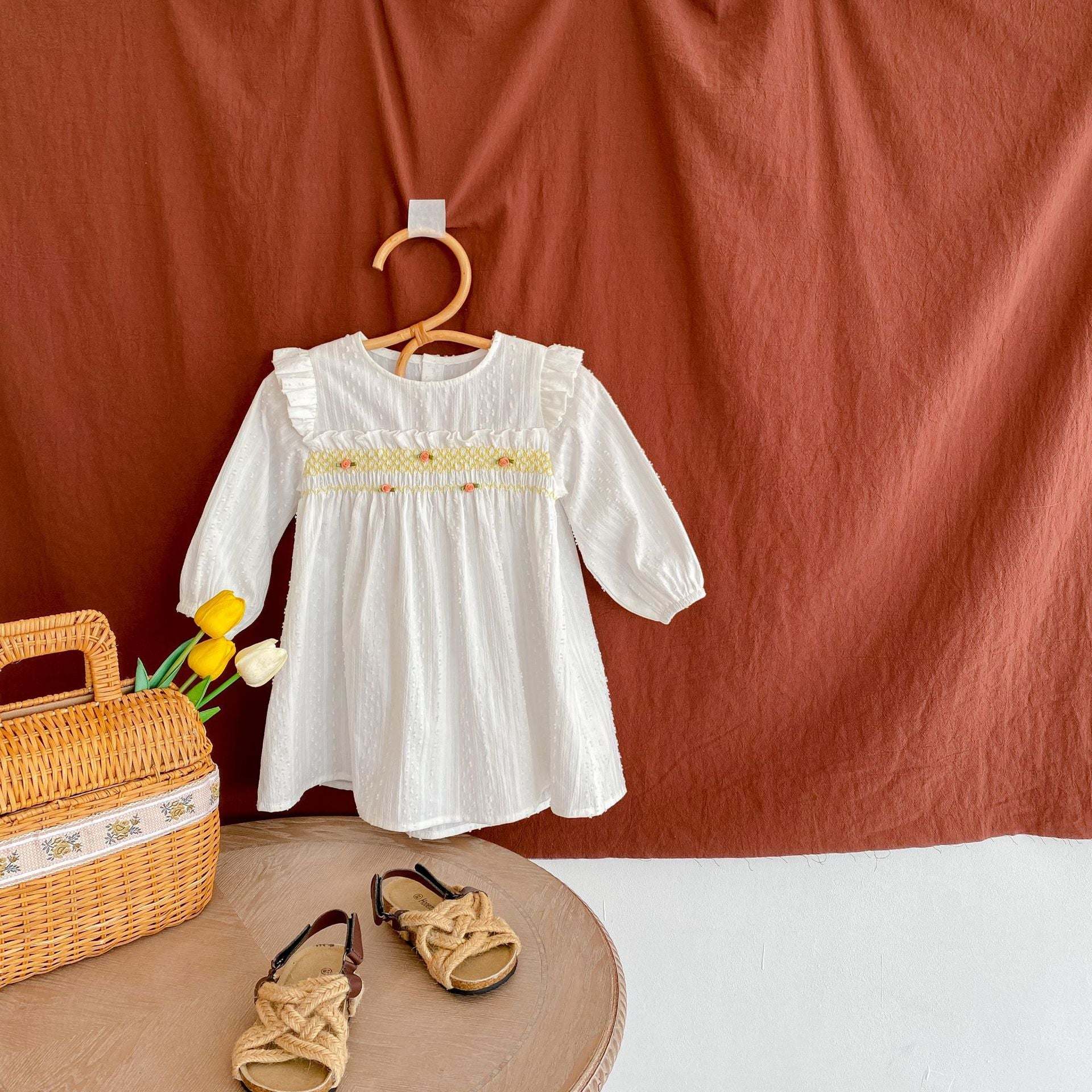 Baby Girl 3D Flower Patched Pattern Solid Color Long Sleeve Onesies Dress