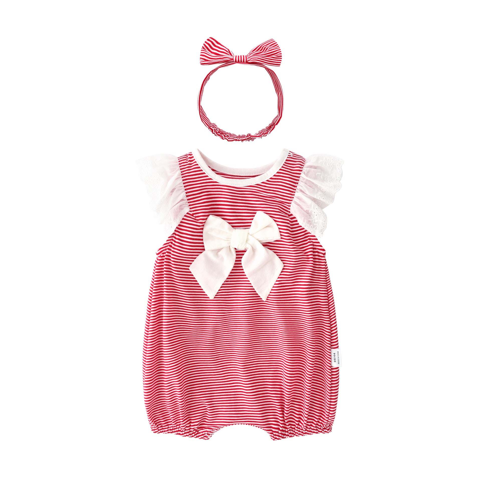 Baby Girl Striped Pattern Ruffle Design Short Sleeve Rompers With Bow Decoration And Handband