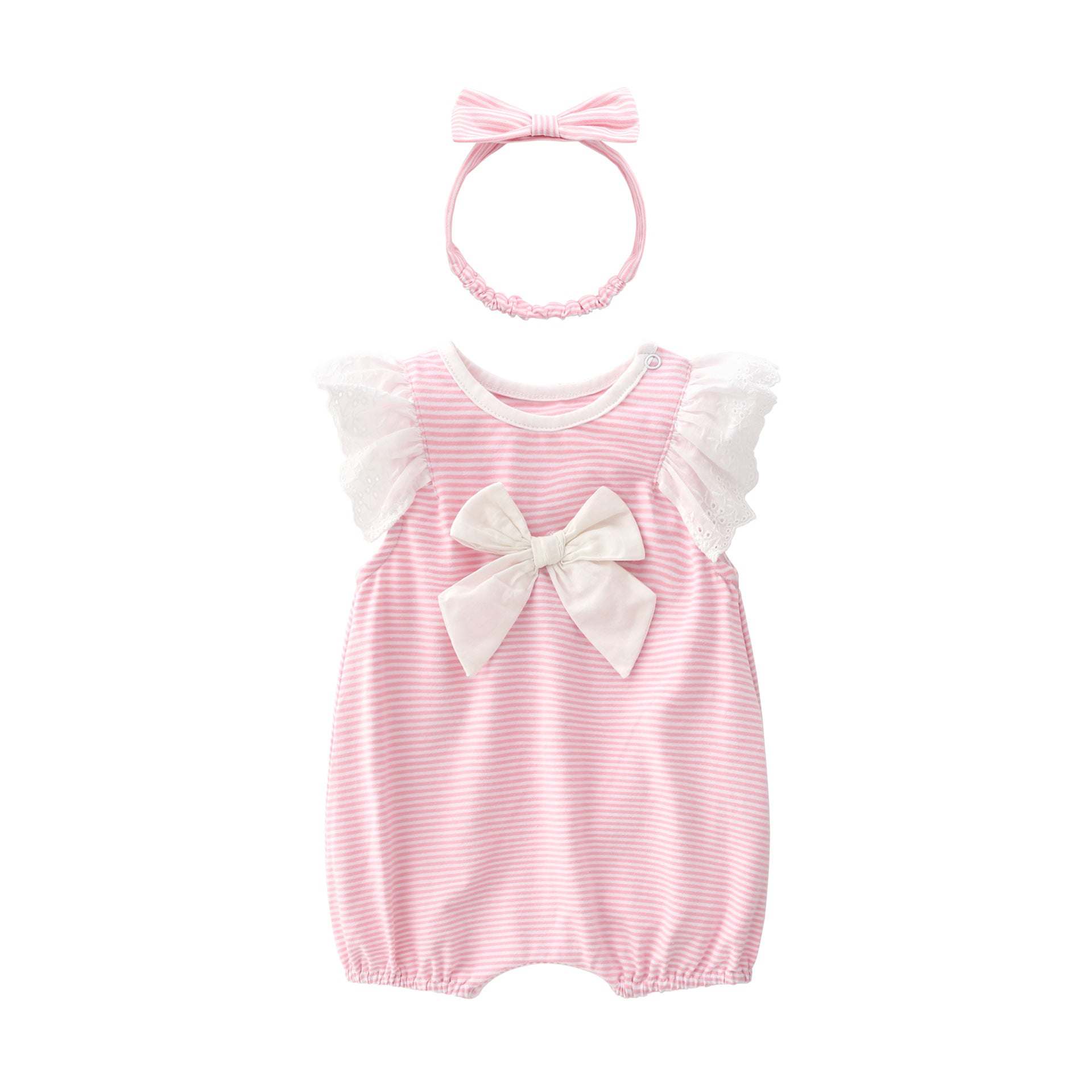 Baby Girl Striped Pattern Ruffle Design Short Sleeve Rompers With Bow Decoration And Handband