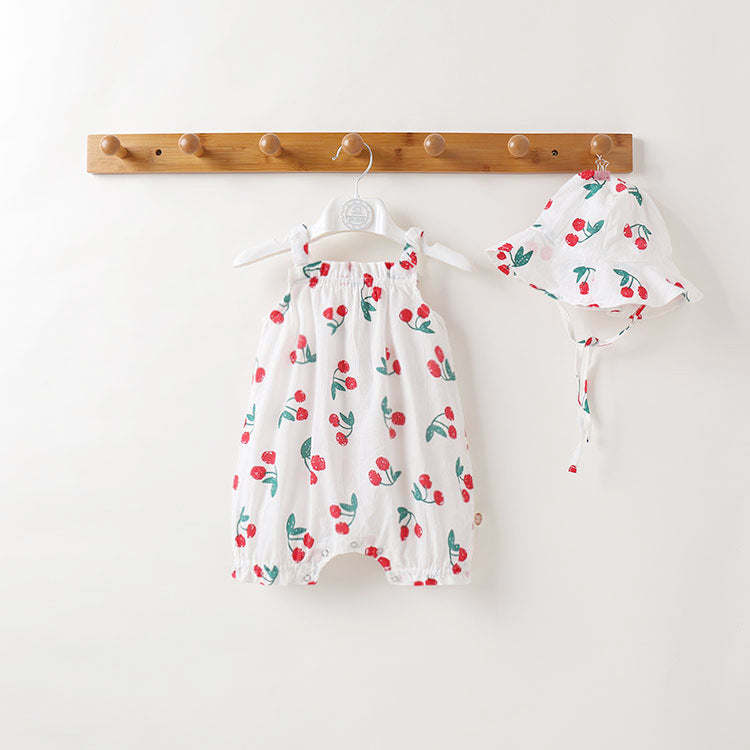 Baby Girls Floral Pattern Sleeveless Summer Rompers With Hat In Summer