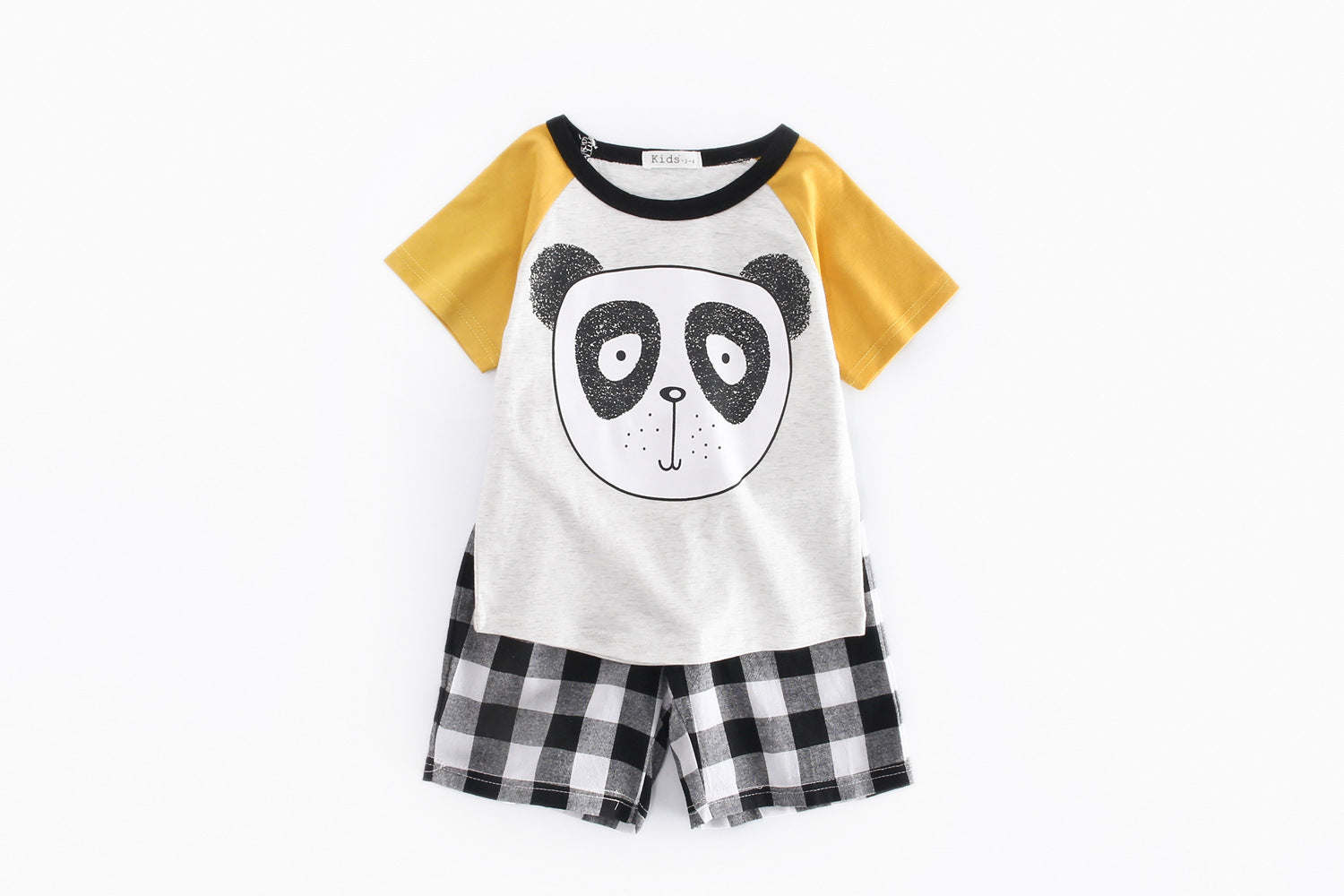 Baby Boys Bear Print Pattern Clashing Short-Sleeved Top Combo Plaid Shorts Sets