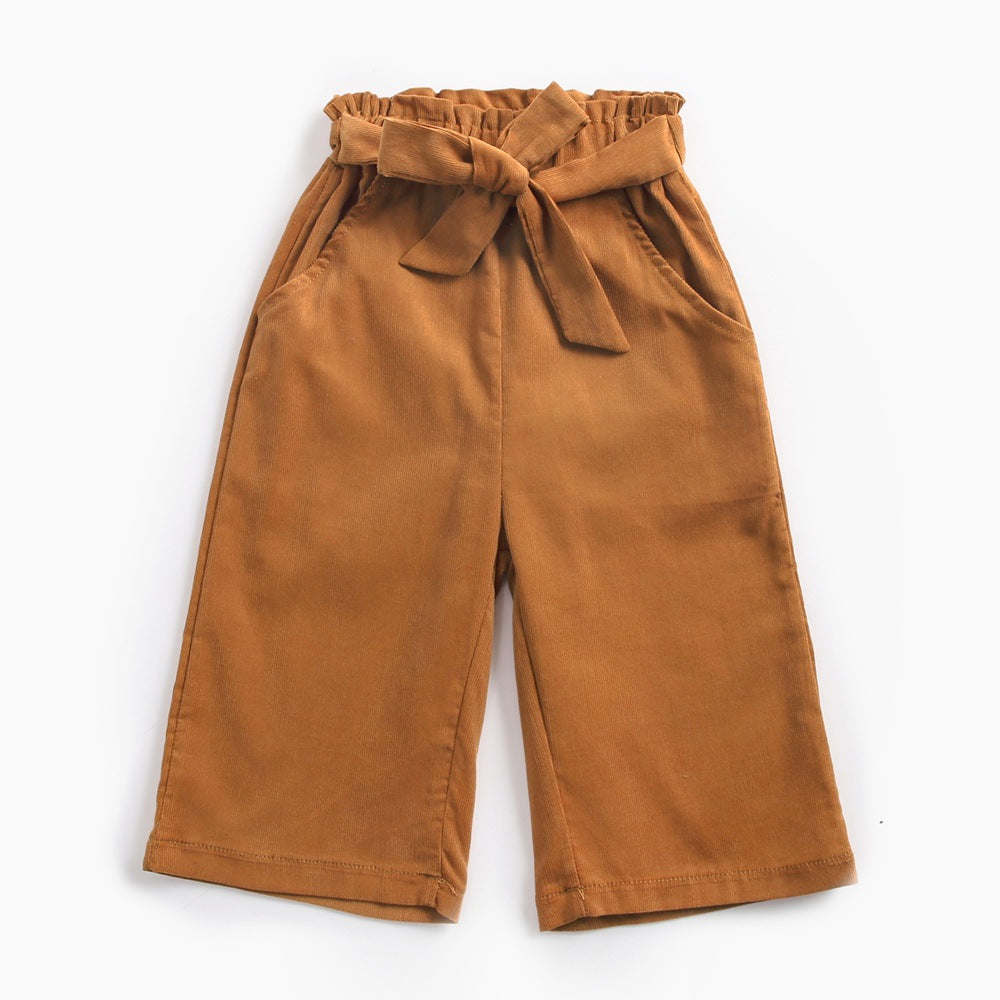 Baby Girl Solid Color Bow Tie Design Corduroy Nine Point Wide Leg Pants