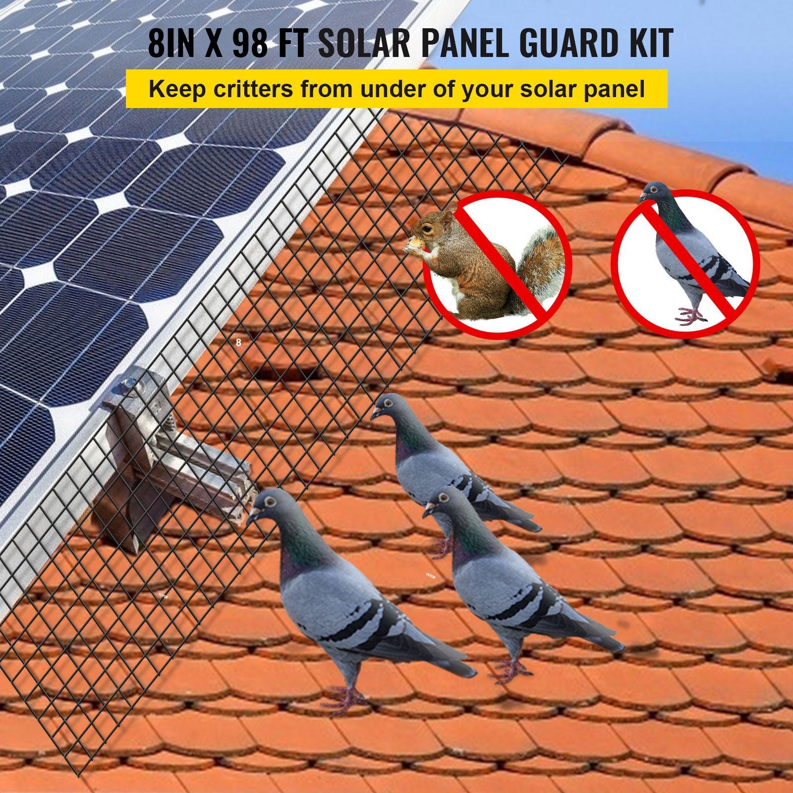 VEVOR Solar Panel Bird Wire; 8inch x 98ft Critter Guard Roll Kit; Solar Panel Guard with 100pcs Stainless Steel Fasteners; Removable PVC Coated Guard