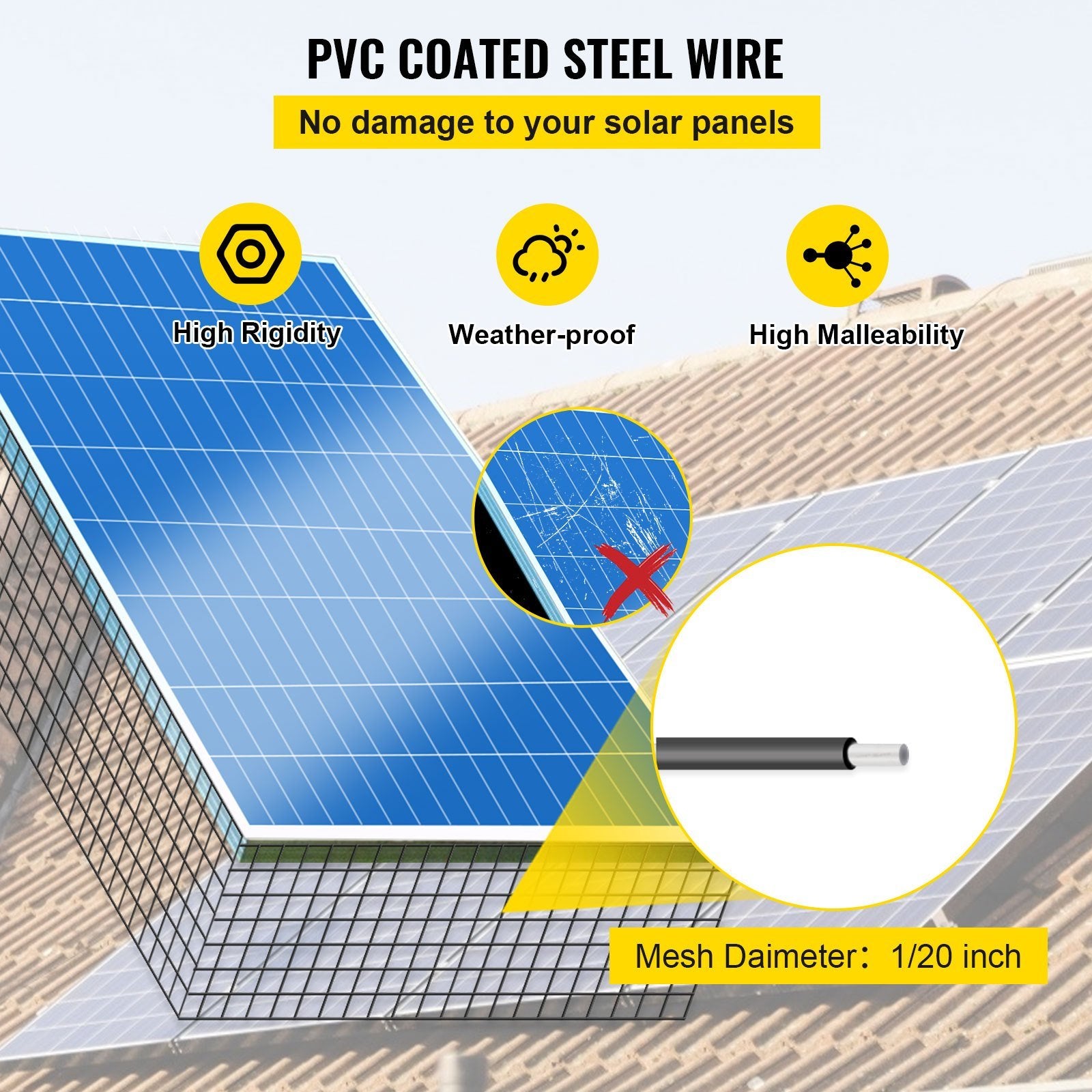 VEVOR Solar Panel Bird Wire; 8inch x 98ft Critter Guard Roll Kit; Solar Panel Guard with 100pcs Stainless Steel Fasteners; Removable PVC Coated Guard