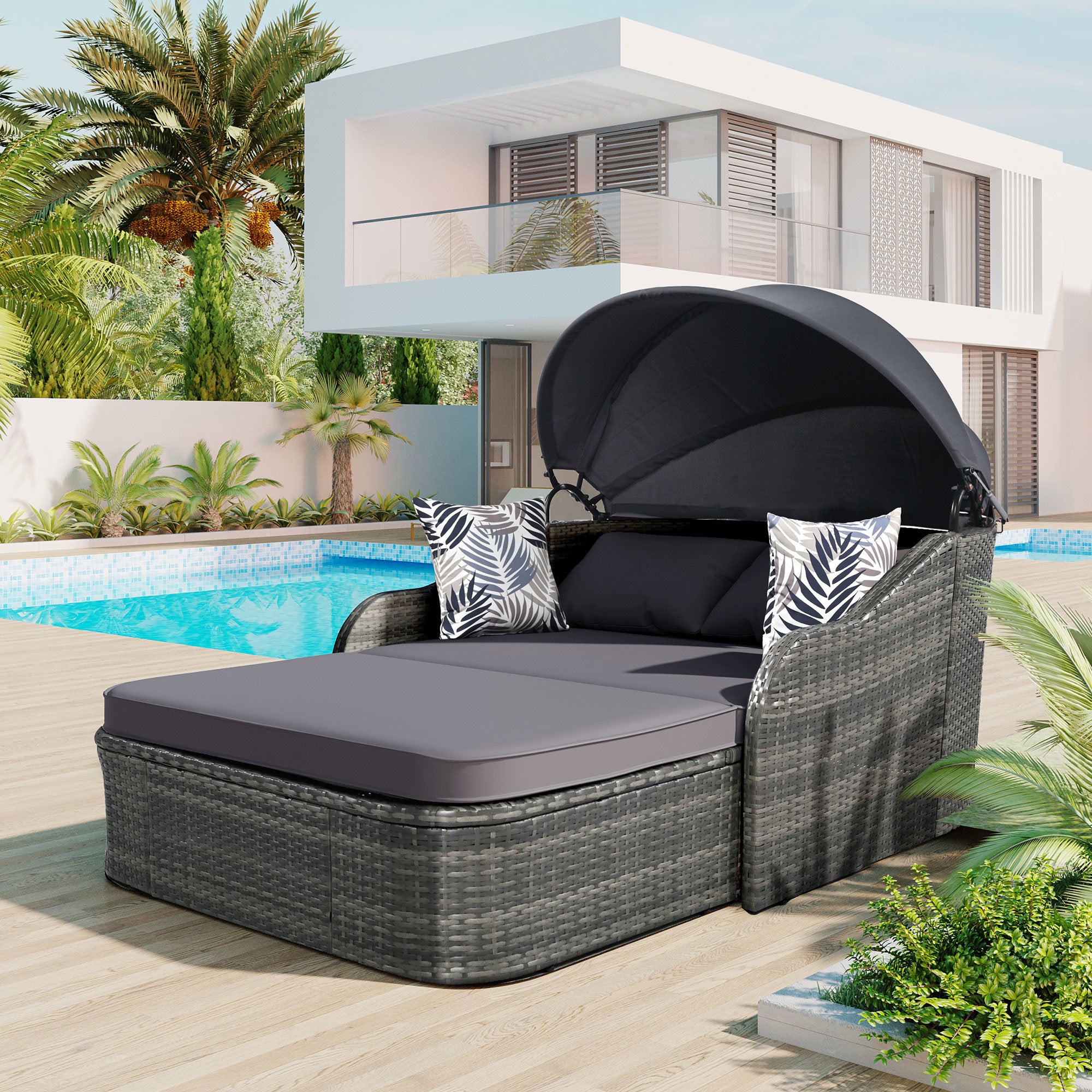 79.9" Outdoor Sunbed with Adjustable Canopy; Double lounge; PE Rattan Daybed