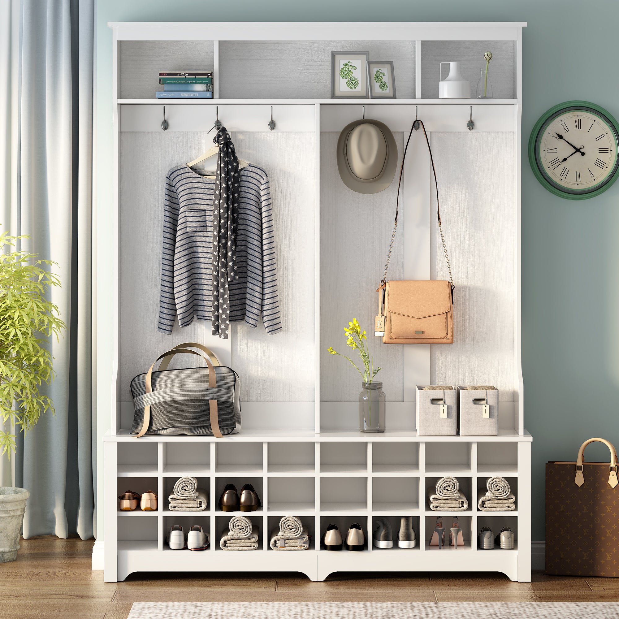 ON-TREND Modern Style Multiple Functions Hallway Coat Rack with Metal Black Hooks; Entryway Bench 60" Wide Hall Tree with Ample Storage Space and 24 Shoe Cubbies ; White