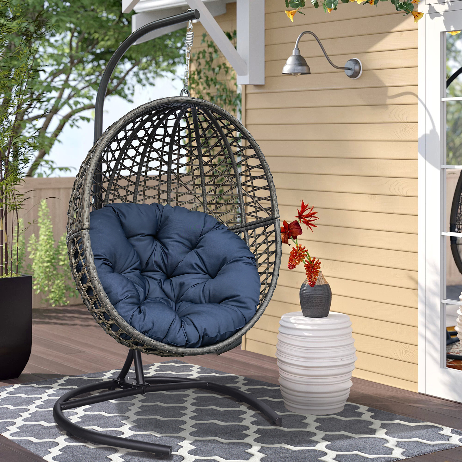 Wicker Basket Swing Chair; Hanging Egg Chairs with Durable Stand and Waterproof Cushion for Outdoor Patio