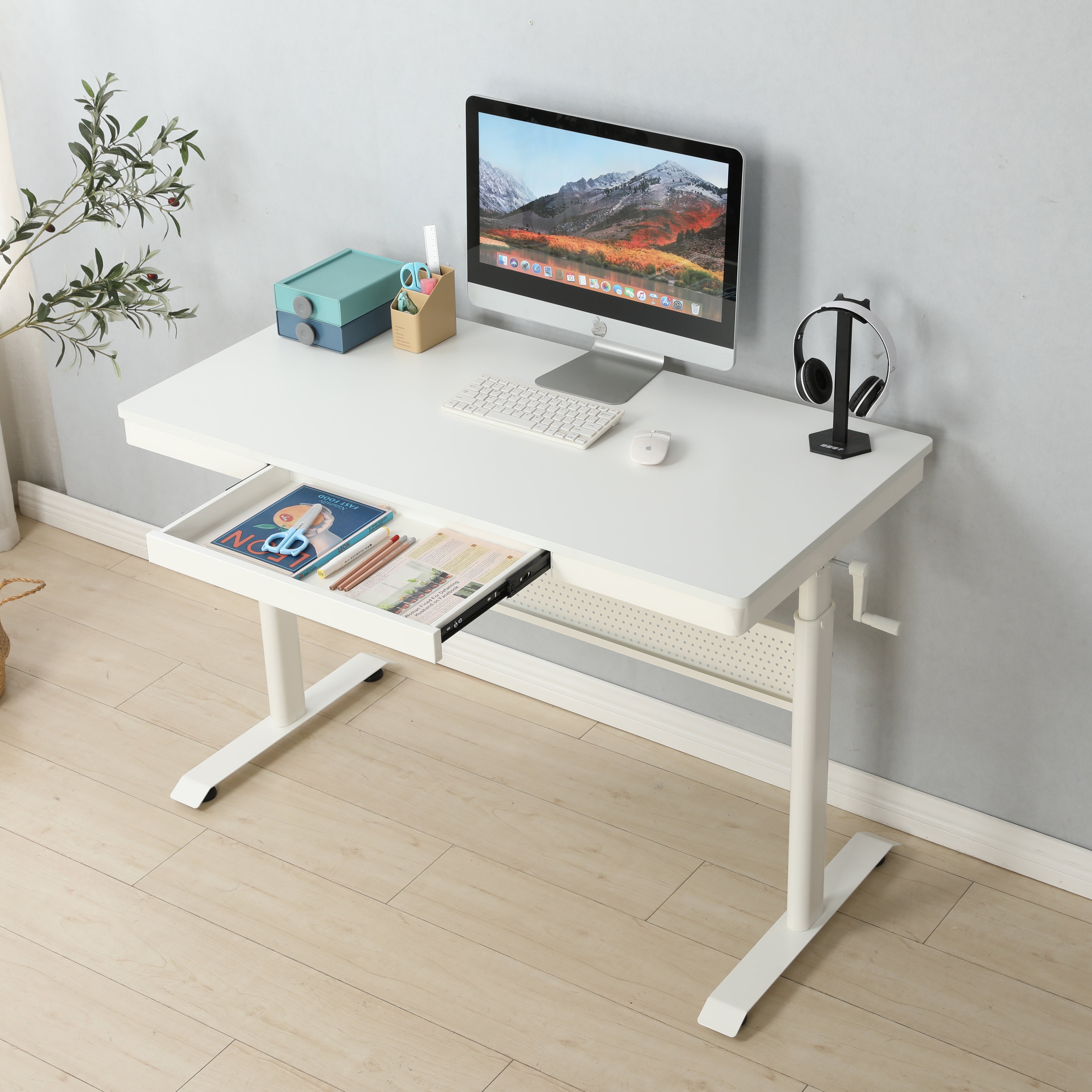 (White Tabletop) Standing Desk with Metal Drawer 48 x 24 Inches ; Adjustable Height Stand up Desk; Sit Stand Home Office Desk; Ergonomic Workstation