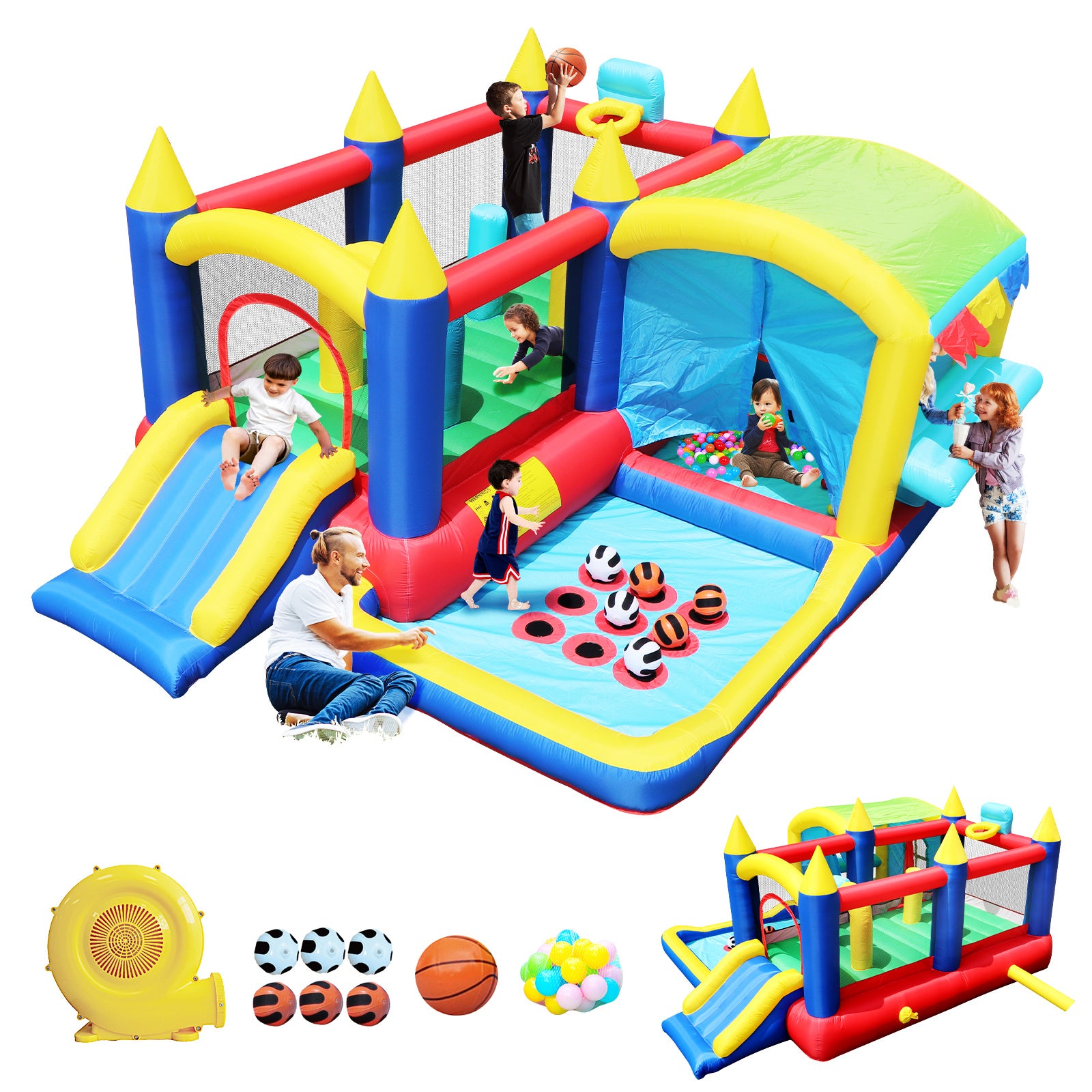 7 in 1 Inflatable Bounce House, Bouncy House with Ball Pit for Kids Indoor Outdoor Party Family Fun, Obstacles, Toddler Jump Bouncy Castle with Ball P