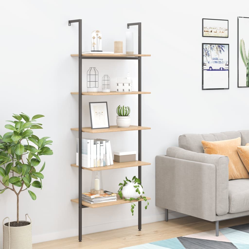 5-Tier Leaning Shelf Light Brown and Black 25.2"x13.8"x72.8"