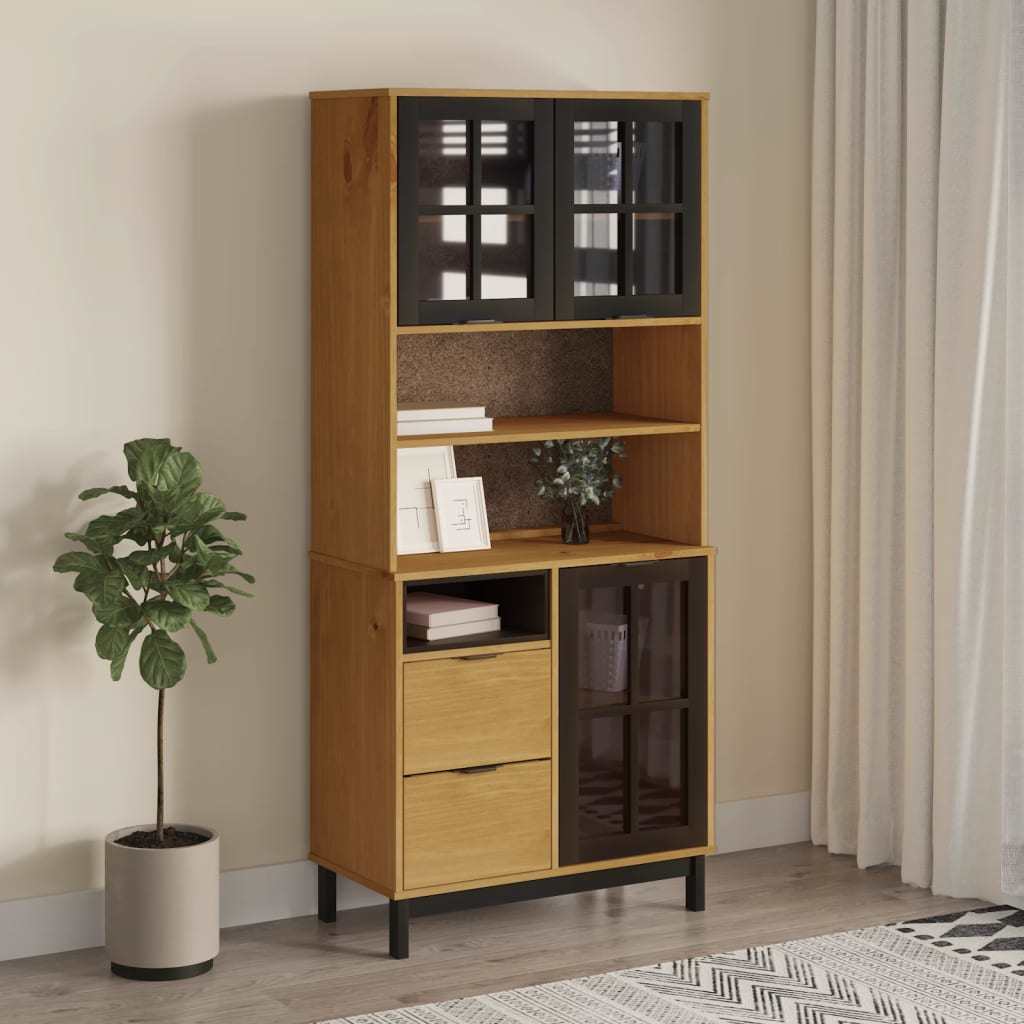 Highboard with Glass Doors FLAM 31.5"x15.7"x70.9" Solid Wood Pine