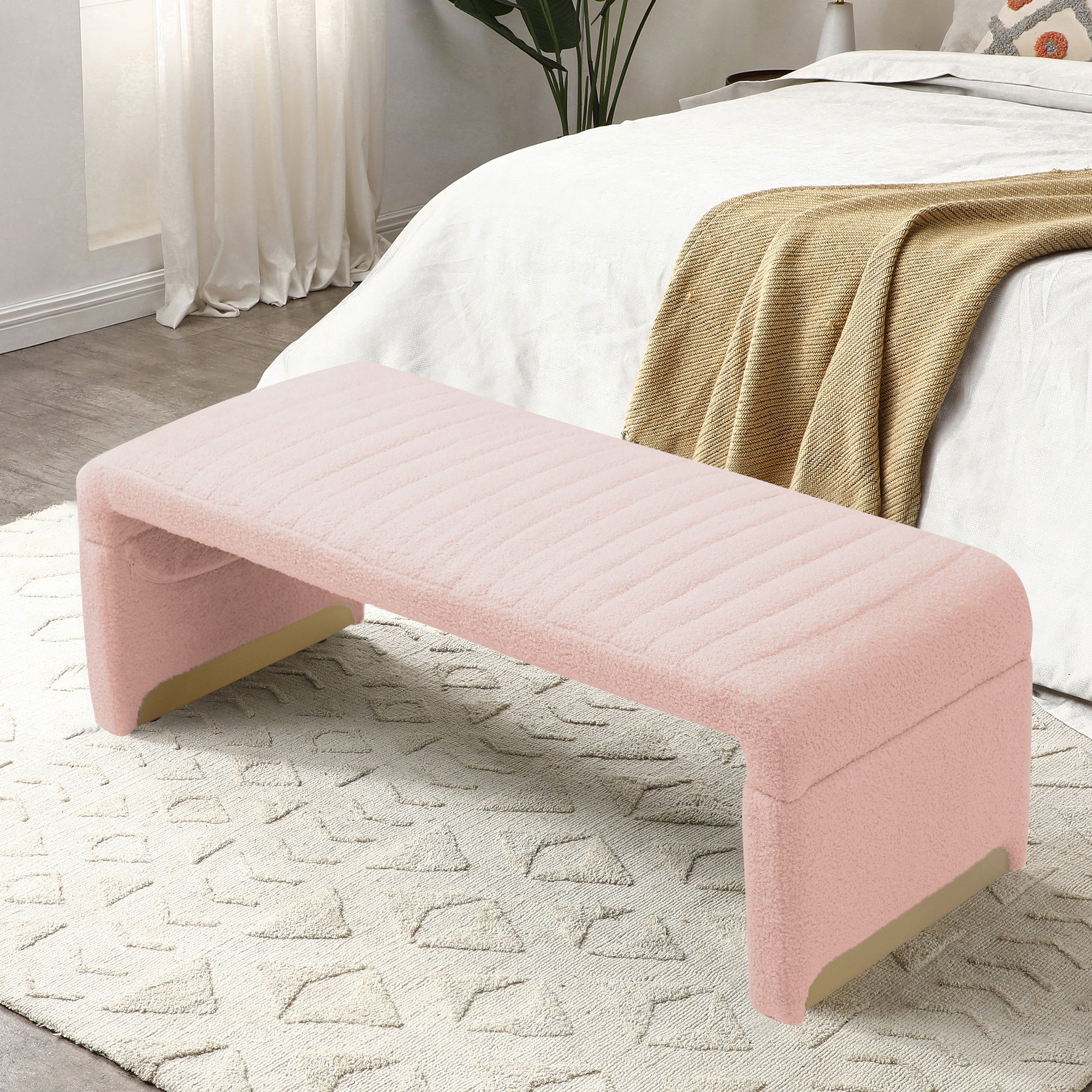 47.2'' Width Modern Ottoman Bench, Upholstered Sherpa Fabric End of Bed Bench,Shoe Bench Footrest Entryway Bench Coffee Table for Living Room, Bedroom,Dark Pink