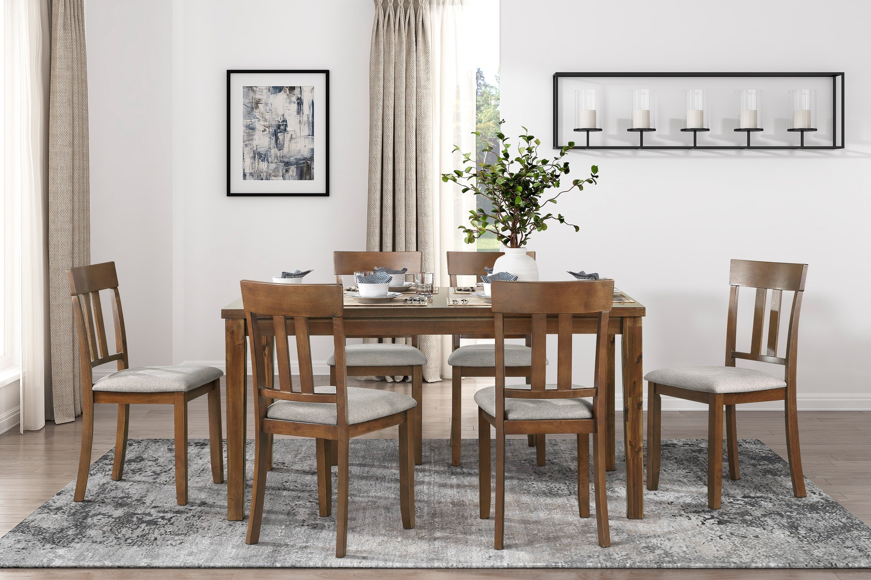 Transitional Styling 7-Piece Pack Dinette Set Cherry Finish Dining Table and 6x Side Chairs Textured Fabric Upholstered Seat Wooden Classic Look Furniture