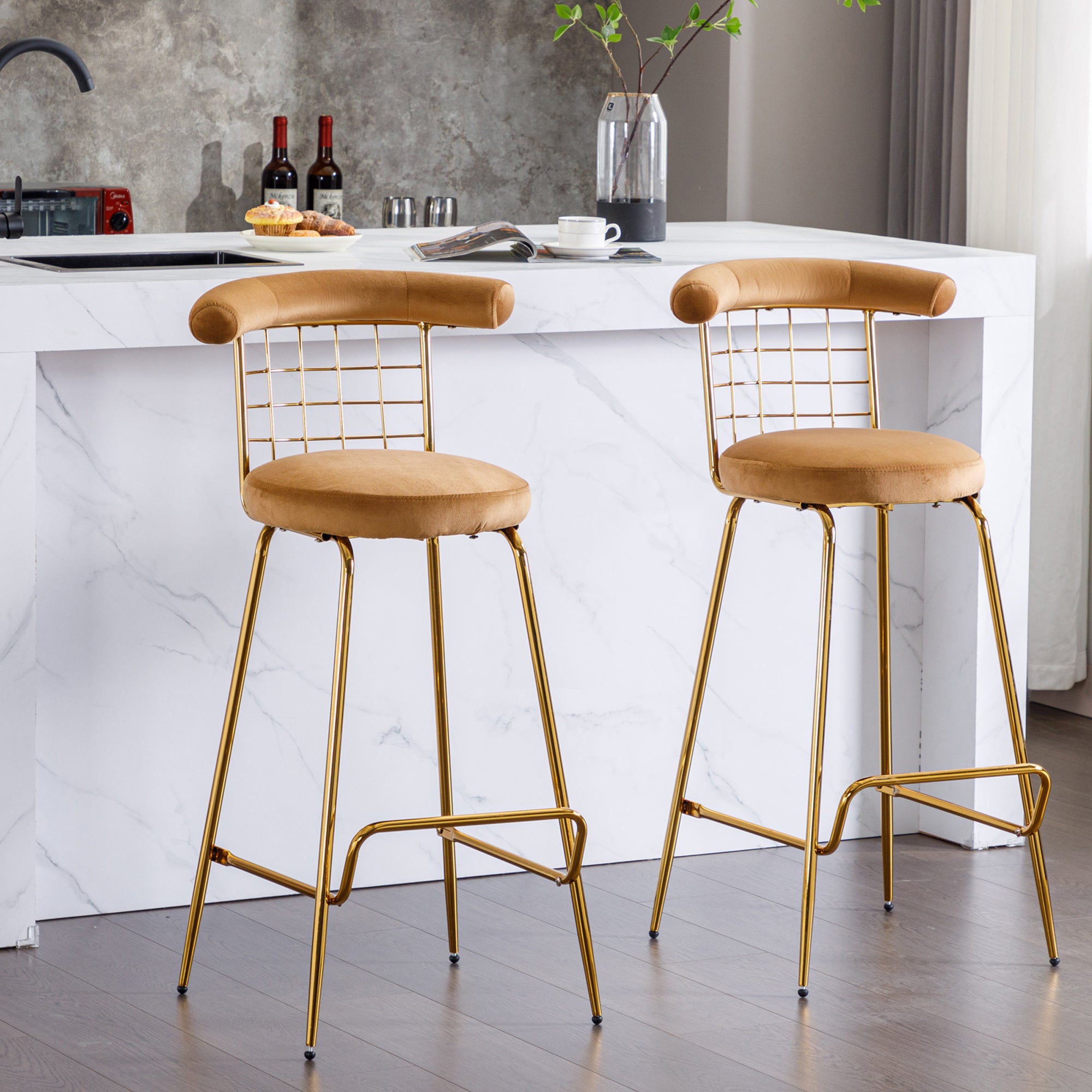 Bar Stool Set of 2, Luxury Velvet High Bar Stool with Metal Legs and Soft Back, Pub Stool Chairs Armless Modern Kitchen High Dining Chairs with Metal Legs, Camel