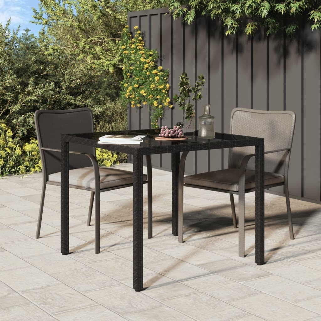 Patio Table 35.4"x35.4"x29.5" Tempered Glass and Poly Rattan Black