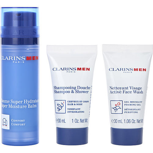 Clarins by Clarins men Super Moisture Balm 50ml + Active Fash Wash 30ml + Shampoo 30ml --3pcs