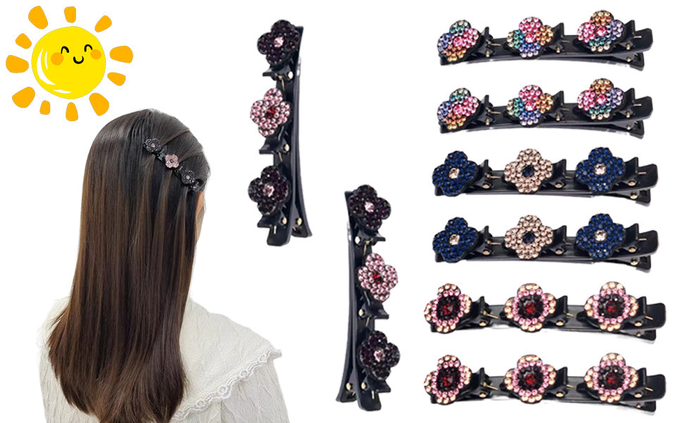 8PCS Sparkling Crystal Stone Braided Hair Clips Four-Leaf Clover Chopped Hairpin Duckbill Clip With 3 Small Clips On Top Hair Accessories Clips For Wo