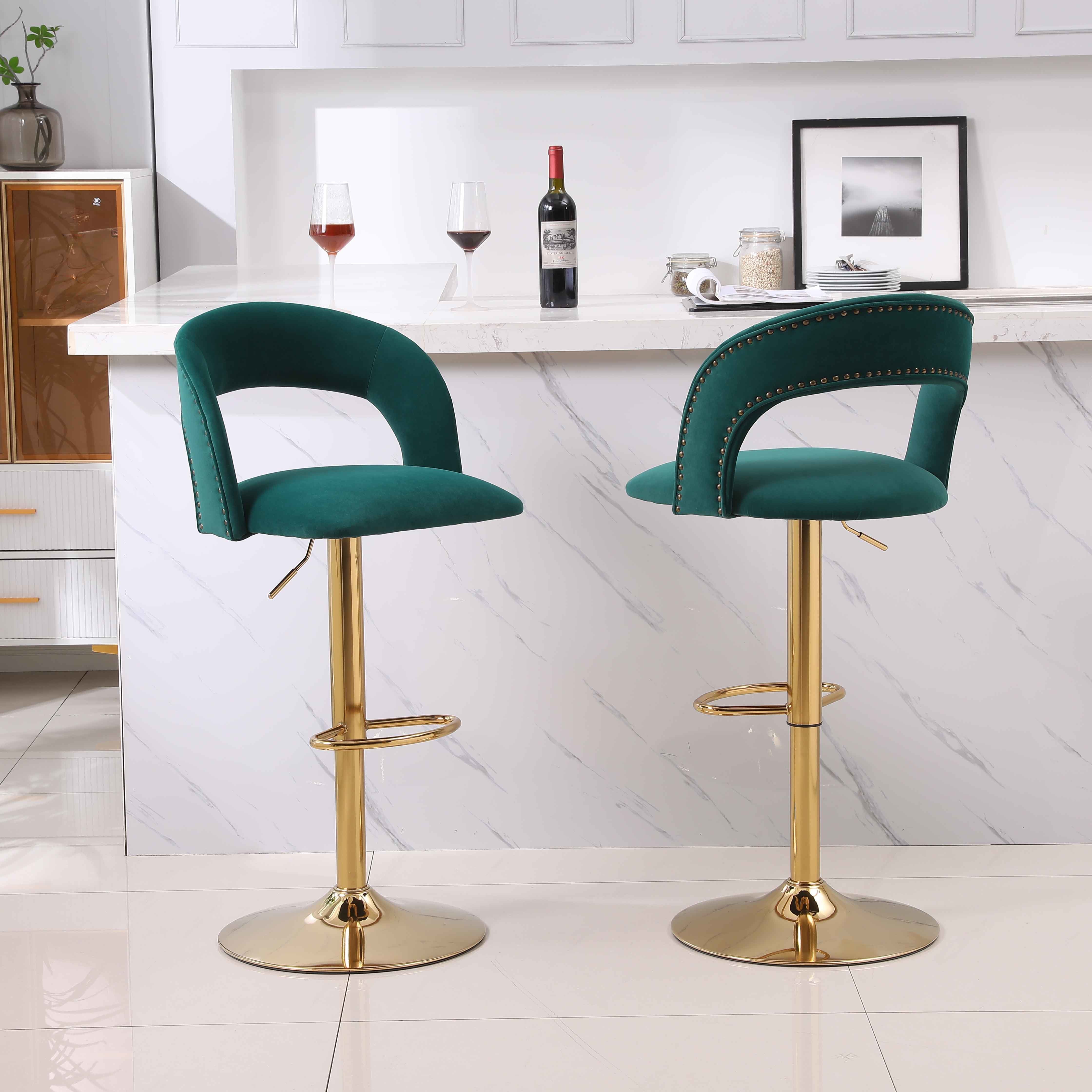 Modern Barstools Bar Height, Swivel Velvet Bar Stool Counter Height Bar Chairs Adjustable Tufted Stool with Back& Footrest for Home Bar Kitchen Island Chair (Emerald, Set of 2)
