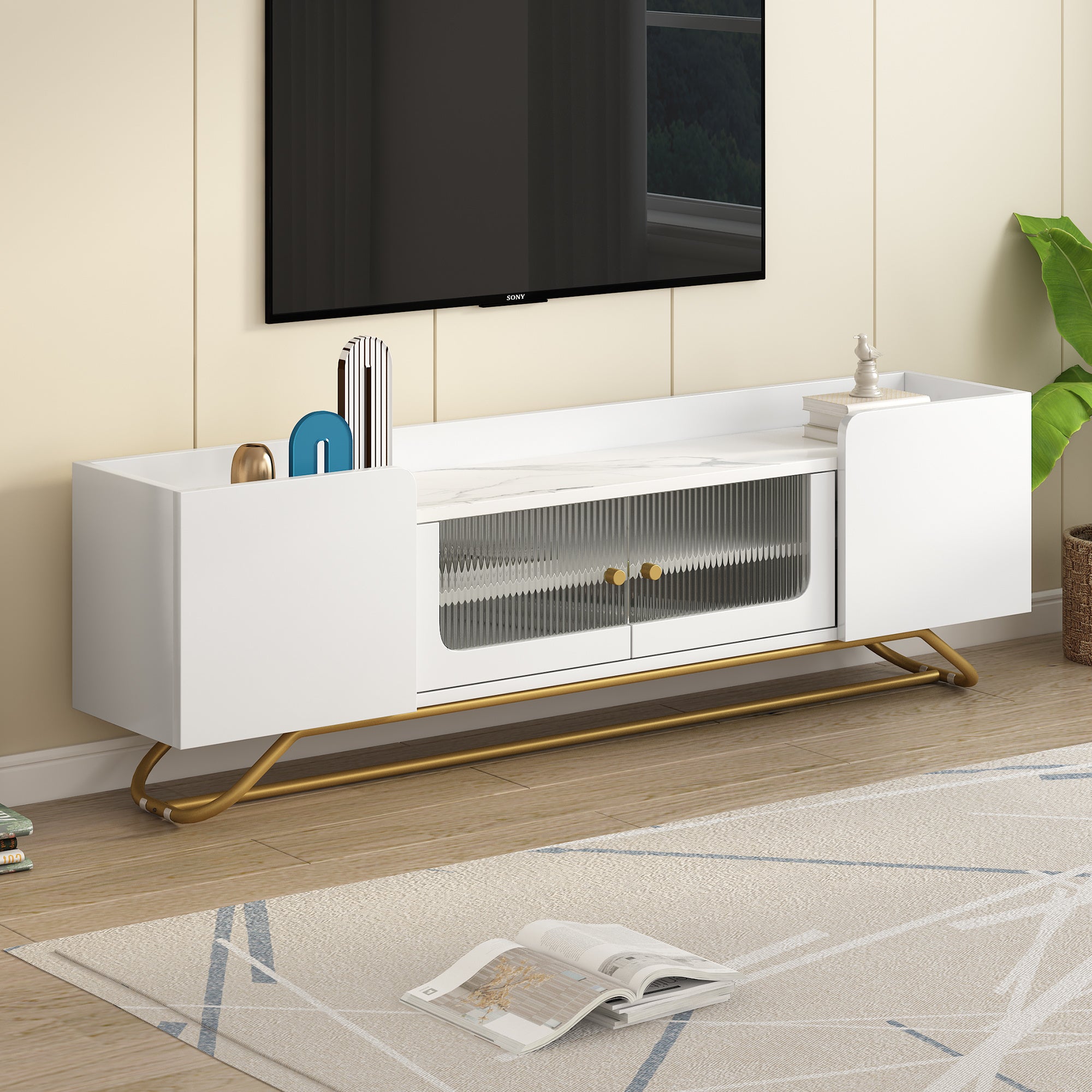 ON-TREND Sleek Design TV Stand with Fluted Glass, Contemporary Entertainment Center for TVs Up to 65", Faux Marble Top TV Console Table with Gold Frame Base, White