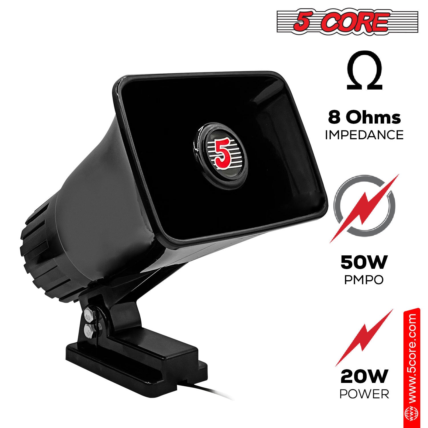 5 Core Indoor Outdoor PA Horn Speaker – 6 x 4 Inch Loud Portable PA Speaker 8 Ohms 50 Watts Max Horn Siren - Adjustable Mounting Bracket and Hardware