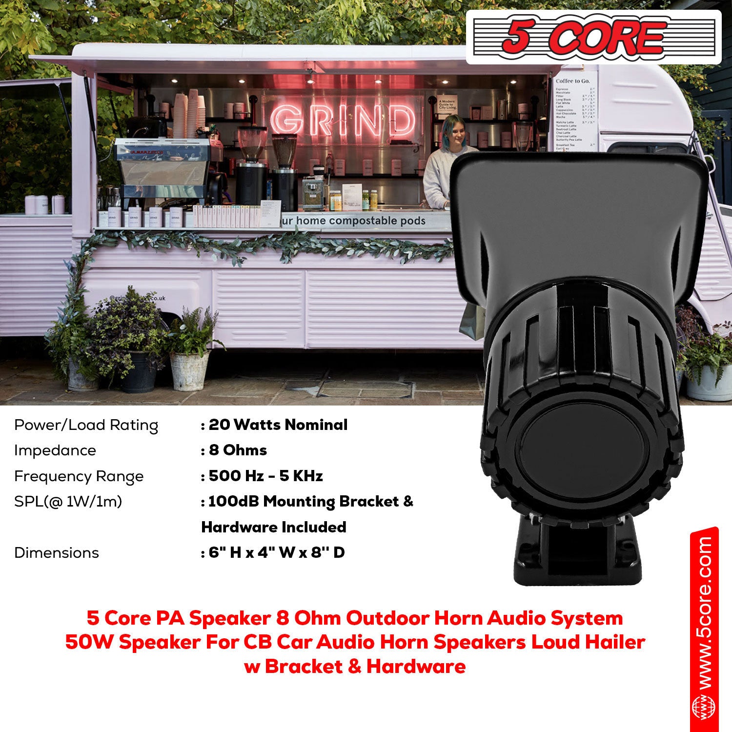 5 Core Indoor Outdoor PA Horn Speaker – 6 x 4 Inch Loud Portable PA Speaker 8 Ohms 50 Watts Max Horn Siren - Adjustable Mounting Bracket and Hardware