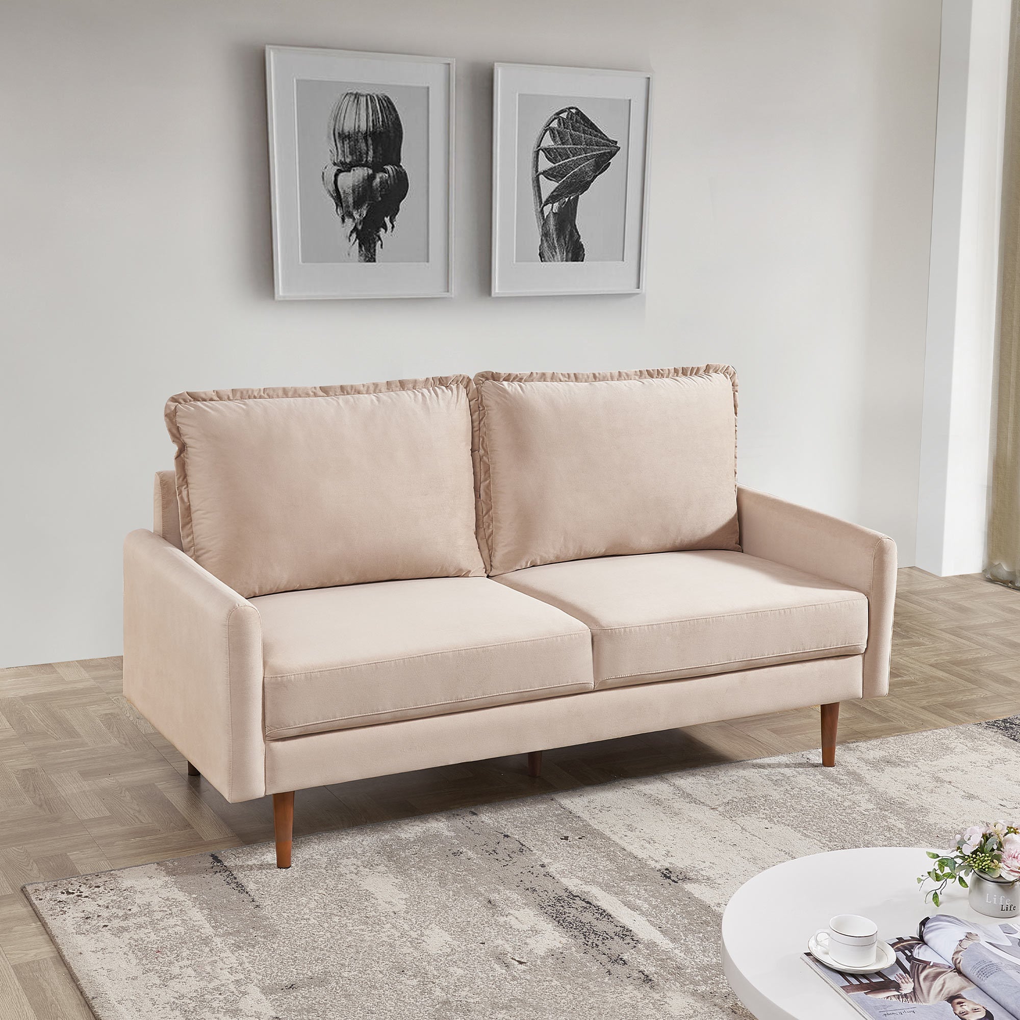 69 Inches Upholstered Velvet Sofa Couch, Modern Craftsmanship Seat with 3-Seater Cushions & Track Square Armrest - Beige