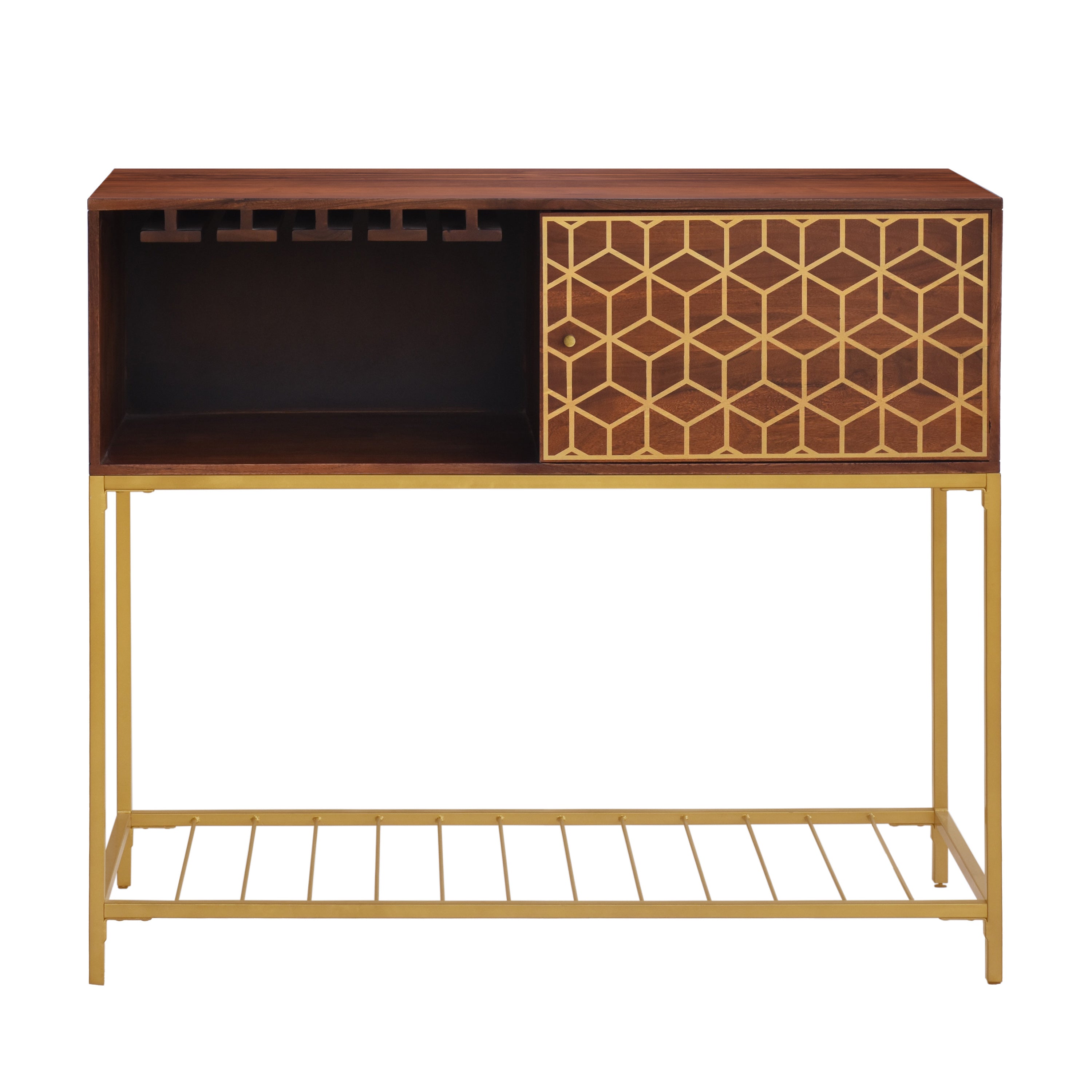 Kalyn 48 Inch Acacia Wood Bar Cabinet, 1 Door, Metal Frame, Geometric Screen Printed Design, Brown, Brass