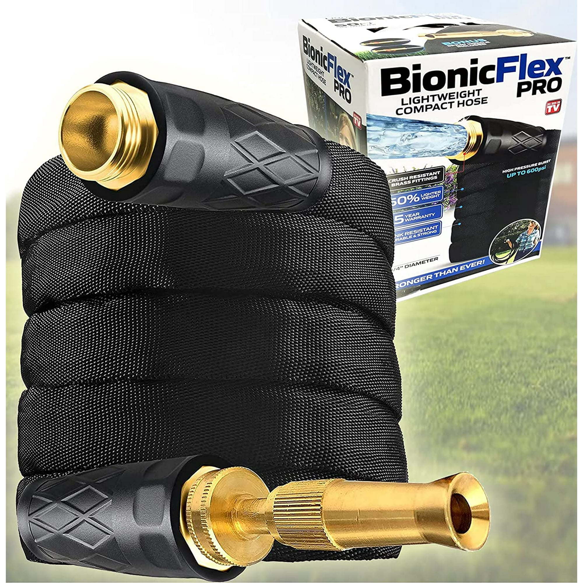Bionic Flex Pro 100' Garden Hose Heavy Duty, Lightweight Weatherproof Garden Water Hose, Brass Fittings, Adjustable Brass Spraying and Shooting Nozzle, Kink Free Hose, 500 PSI Tear Resistant- 100ft.