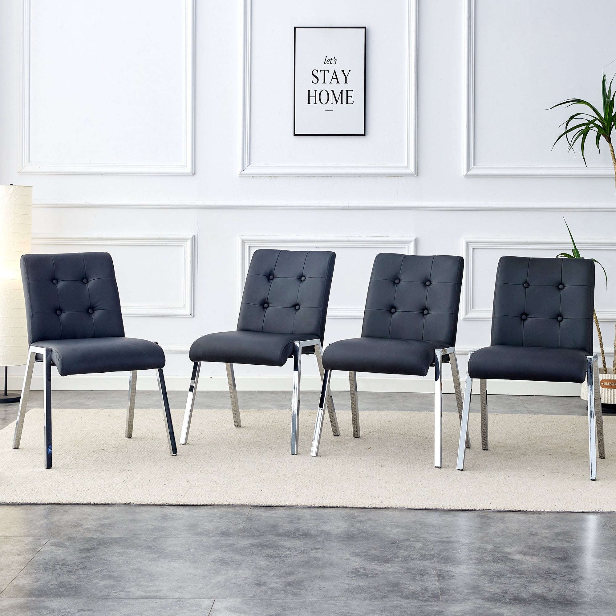 Grid armless high backrest dining chair, electroplated metal legs, black 4-piece chair set, Office chair. Suitable for restaurants, living rooms, kitchens, and offices.XS-0809