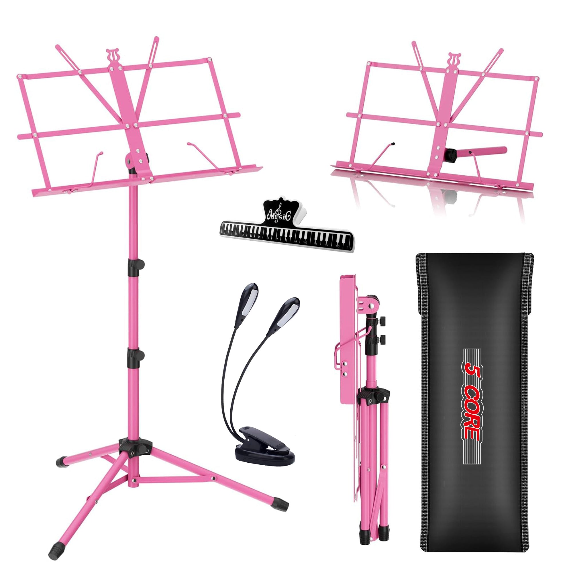 5 Core Music Stand, 2 in 1 Dual-Use Adjustable Folding Sheet Stand Pink/Metal Build Portable Sheet Holder/Carrying Bag, Music Clip and Stand Light Included - MUS FLD PNK