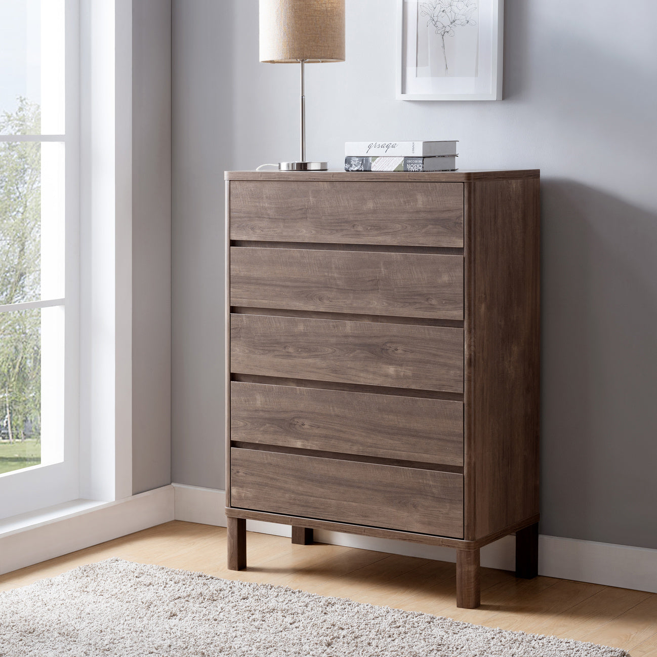 Contemporary Bedroom 5 Drawer Chest - Dark Brown