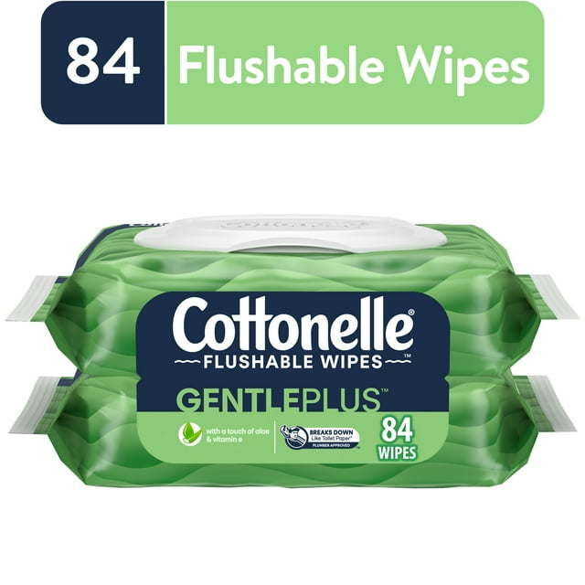 Cottonelle GentlePlus Flushable Wipes, 2 Flip-Top Packs, 42 Wipes per Pack (84 Total)