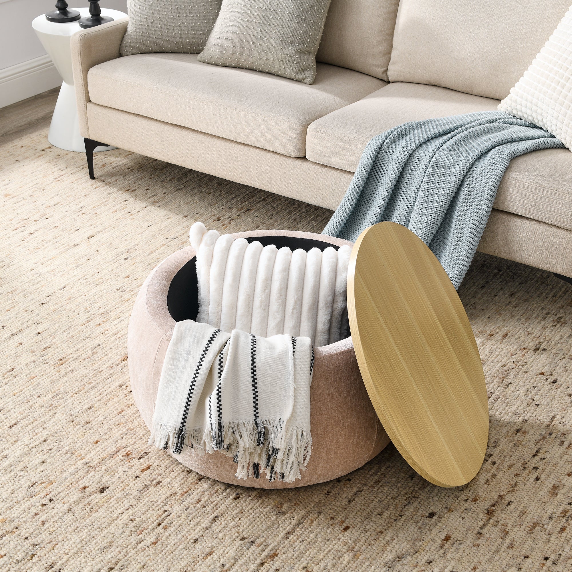 Round Storage Ottoman, 2 in 1 Function, Work as End table and Ottoman, Pink (25.5"x25.5"x14.5")