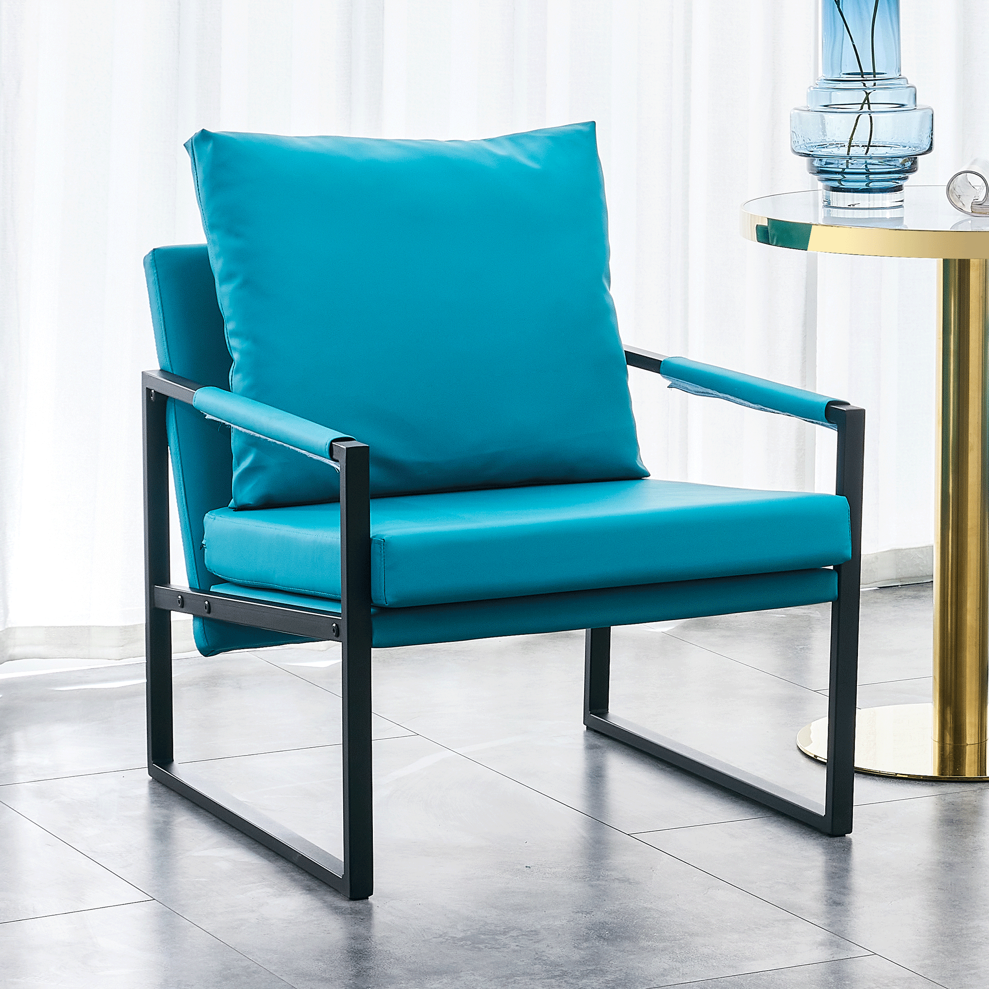 PU Leather Accent Arm Chair Mid Century Modern Upholstered Armchair with Metal Frame Extra-Thick Padded Backrest and Seat Cushion Sofa Chairs( Cyan PU Leather + Metal + Foam )SF-008-3-GR