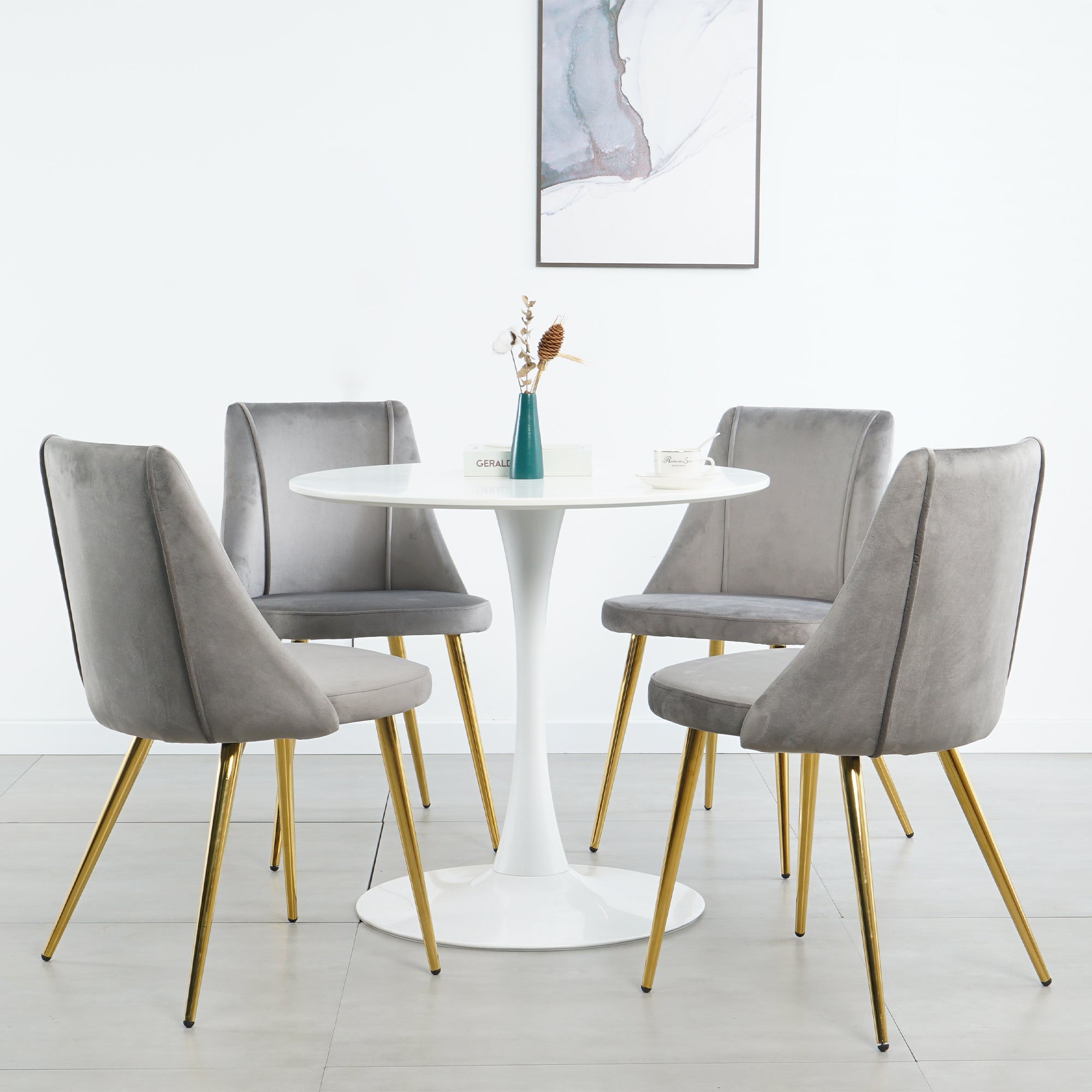 Modern simple light luxury dining grey chair home bedroom stool back dressing chair student desk chair gold metal legs(set of 4)