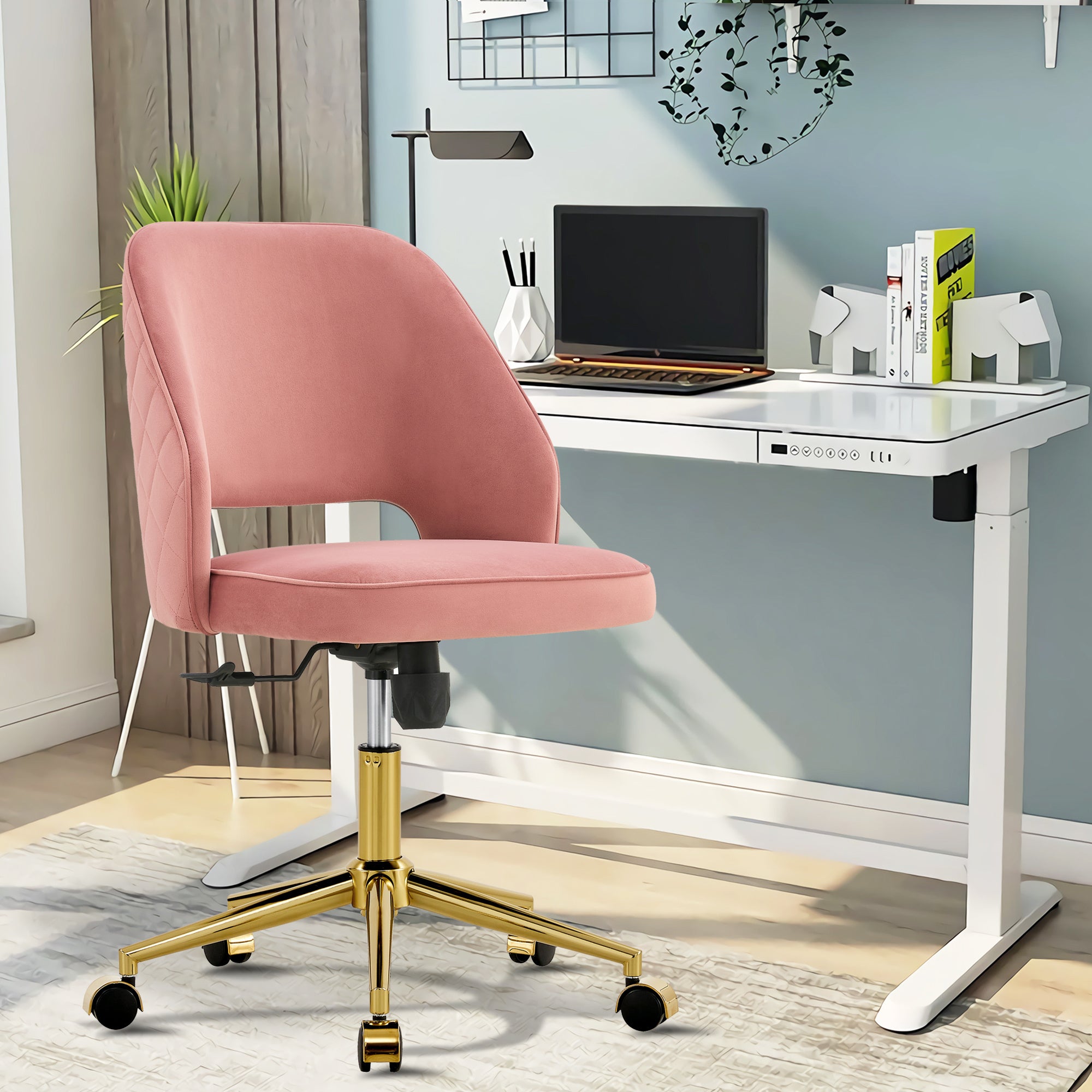 Modern Home Velvet Office Chairs, Adjustable 360 °Swivel Chair Engineering Plastic Armless Swivel Computer Chair With Wheels for Living Room, Bed Room Office Hotel Dining Room .PinkSC-922-PINK