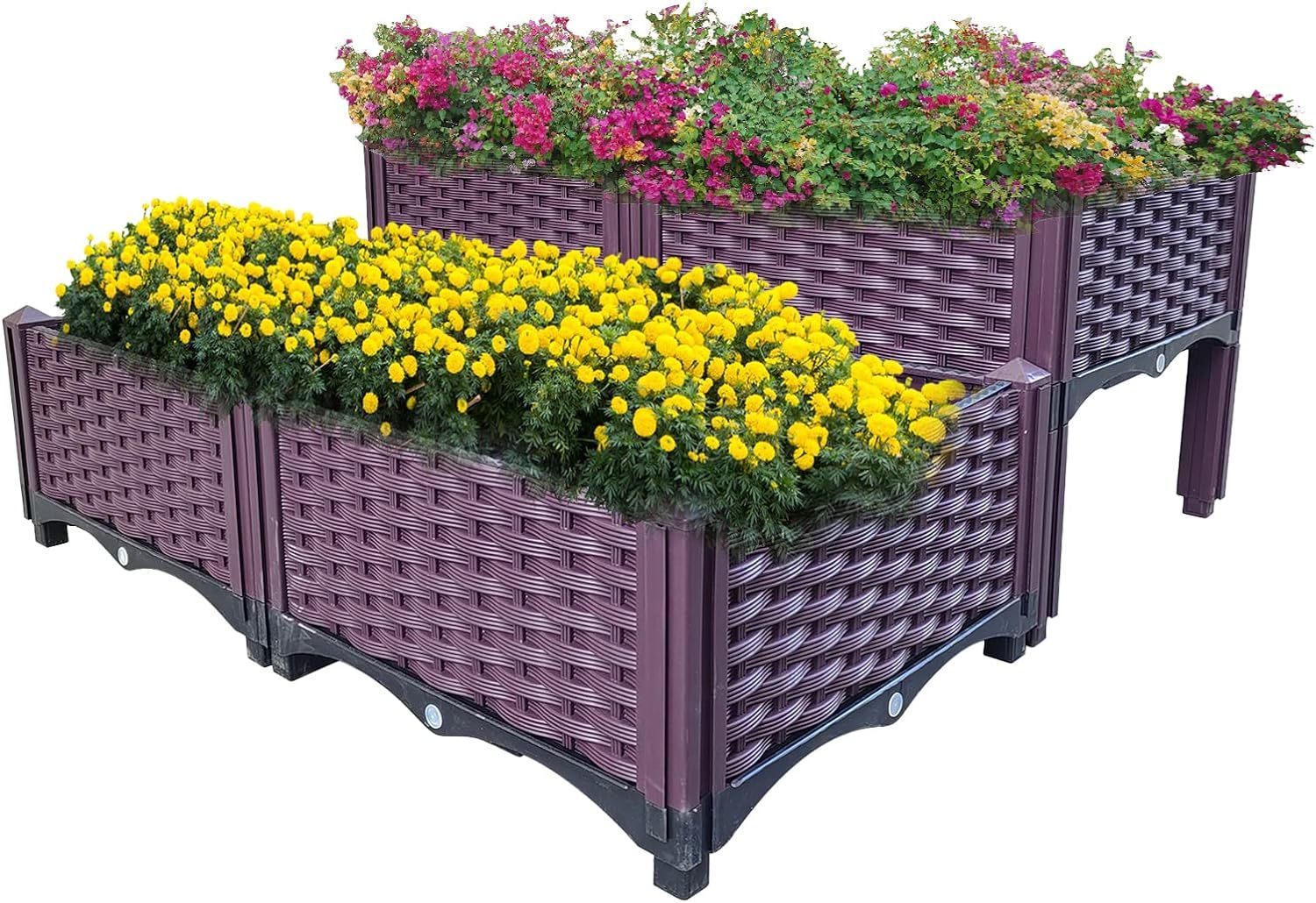 Plastic Raised Garden Bed 4 Piece Planter Grow Boxes Planter Care Box Kit for Outdoor Indoor Plants Elevated Garden Boxes Plant pots for Vegetables, Standing Garden Container for Backyard, Patio