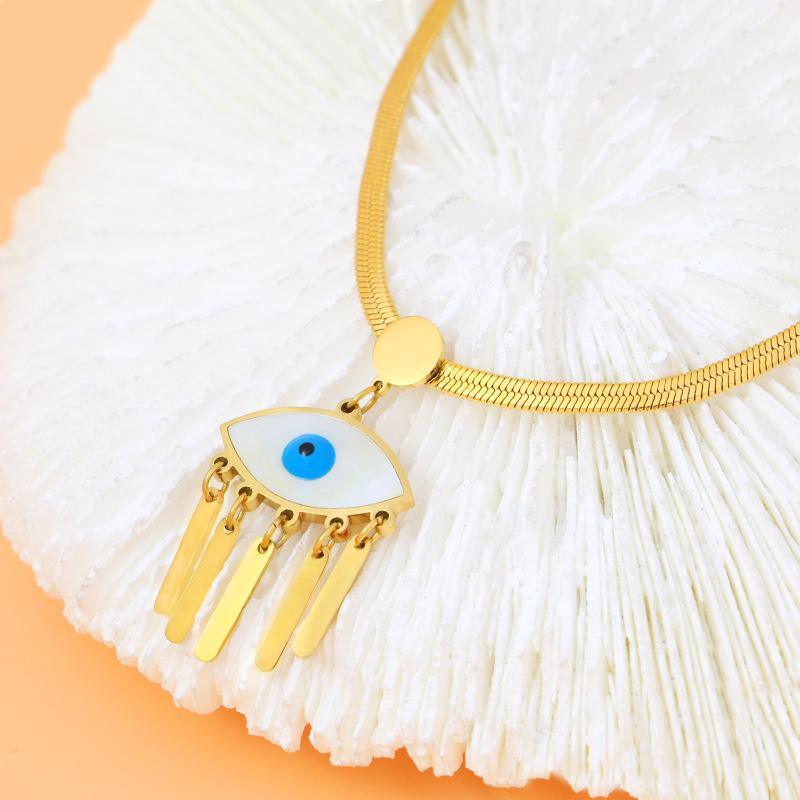 2023 Cross border New Long Striped Fritillaria Mosaic Blue Eyes Cat Eye Titanium Steel Necklace Side Chain Female