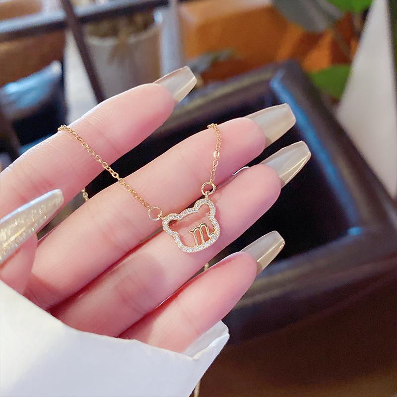 Korea Dongdaemun fashion personalized diamonds bear head cute girl necklace simple design necklace m word necklace