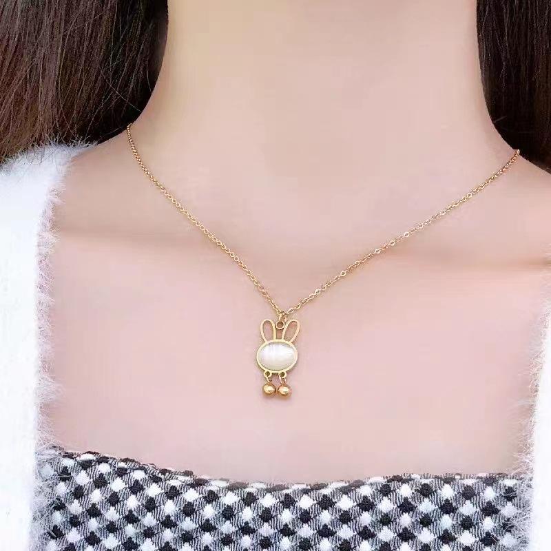 Cat's eye stone bunny sweet cute necklace female ins wind niche design short collarbone chain titanium steel jewelry